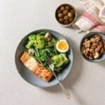Nutrient-dense meal with salmon, broccoli, avocado, soft-boiled egg, and nuts, supporting a 12-14 hour fasting window for optimal health and digestion.
